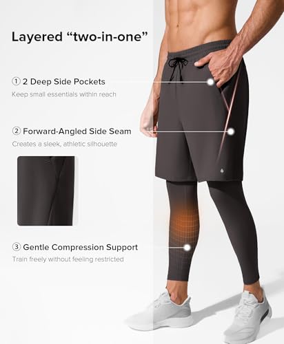 Men's 2-in-1 Compression Running Pants with Pockets, Quick Dry Fitness Bottoms