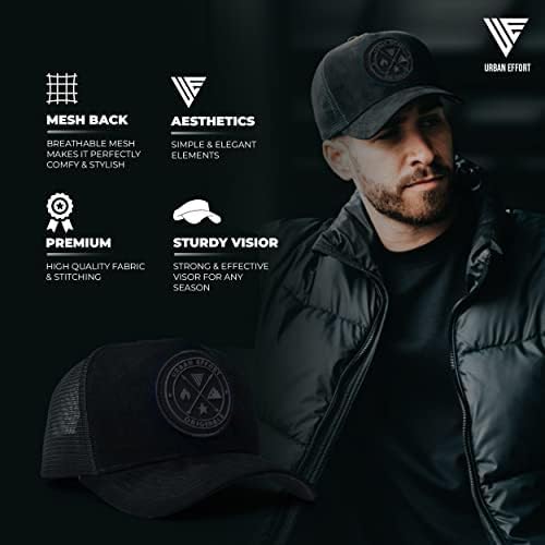 Urban Effort Mesh Back Trucker Hat for Men and Women - Black/Black 5 Panel Snapback Cap