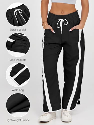 Women's Baggy Wide Leg Track Pants with Drawstring and Contrast Color