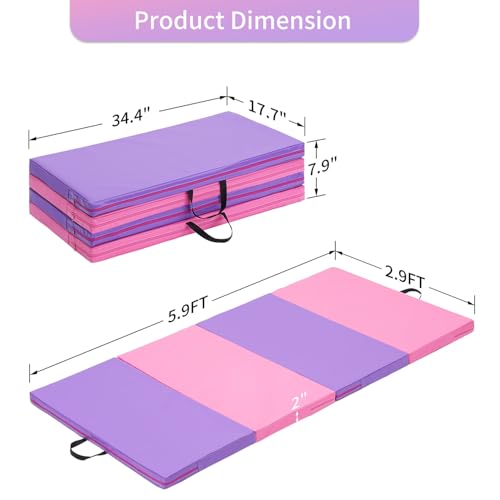 Gymnastics Mat 6'x3'x2'' - Foldable Exercise Mat for Home - Pink & Purple