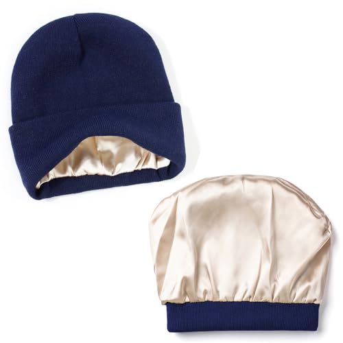 Satin Lined Slouchy Beanie for Women - Soft Knit Winter Hat - Navy Blue