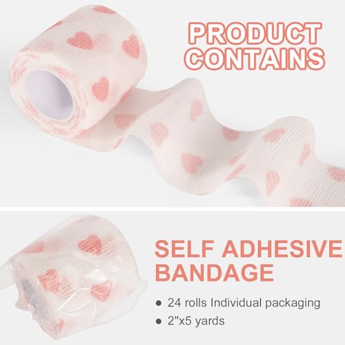 Self Adhesive Bandage Wrap 2 Inch x 5 Yards - 24 Pack, White Heart, Elastic, Sports & Pet First Aid