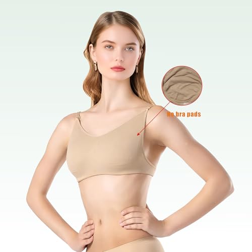 Women's Nude Dance Bra - Clear Strap, Backless, Beige, Size S