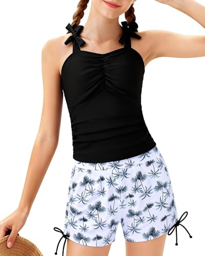 Girls Tankini Swimsuit with Tie-Straps and Drawstring - Ages 7-16