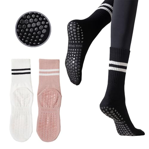Non-Slip Pilates Socks for Women - 3 Pairs in Black, White, Pink