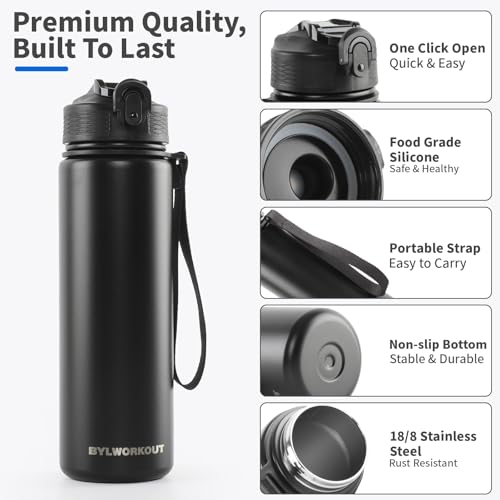 BYLWORKOUT 24oz Insulated Stainless Steel Water Bottle with Straw & Chug Lid