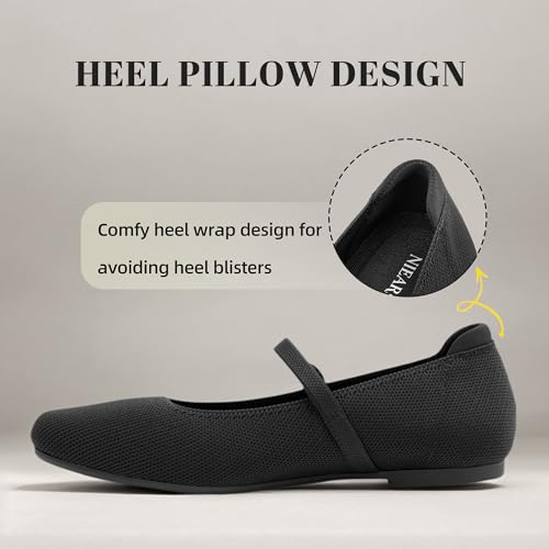 NIEARDAN Women's Ballet Flats 6.5 Black Square Toe Slip-On Shoes Casual Dress