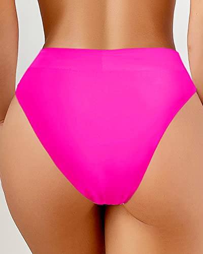 High Waisted Cheeky Bikini Bottoms - Criss Cross Cut-Out - Small Rose Red