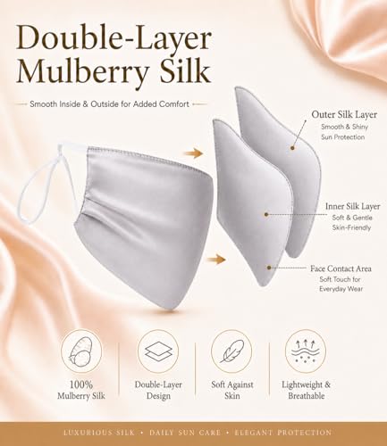 Vanolu Light Grey 100% Mulberry Silk Face Mask with UPF50+ UV Protection