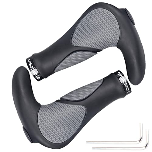 Ergonomic Bike Grips - Widen Rubber Grips with Aluminum Lock - Big Horn Shape (Black & Grey)