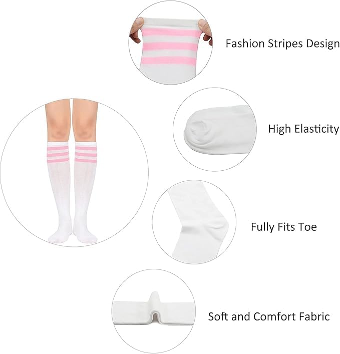 Knee High Socks for Women - Striped Athletic Soccer Socks - One Size Red White & White Red
