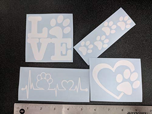 Paw Decals 4 Pack - Dog Paws, Love with Paw, Heartbeat, Prints - White, Small ~3.5"