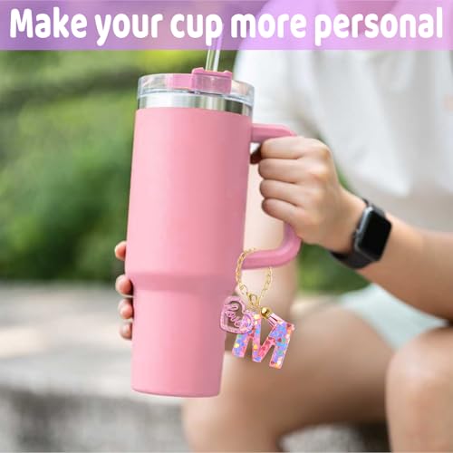 Personalized Letter Charm Keychain for Stanley Cup - A Pink