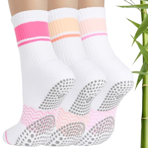Non-Slip Pilates Socks with Grips for Women - Bamboo Crew Socks