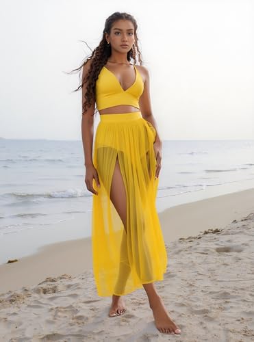 Women Yellow Medium 2-Piece Chiffon Dress & Skirt Set - Deep V Crop Top & High Split Maxi
