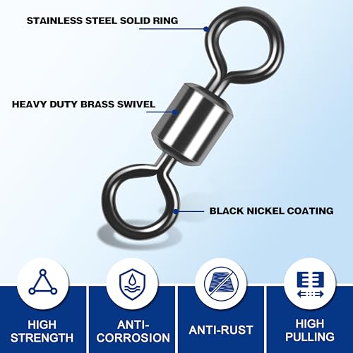 80pcs Heavy Duty Stainless Steel Black Nickel Fishing Swivels 30-1322lb - Saltwater & Freshwater