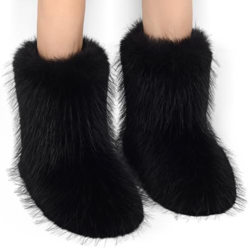 WOVOIE Women's Faux Fur Snow Boots - Black, Size 7.5, Mid-Calf Winter Boot