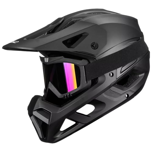 Full Face Mountain Bike Helmet - Adjustable Visor, Matte Black, Large