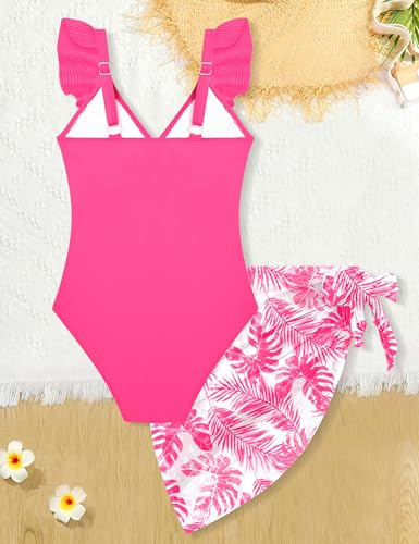 Girls One-Piece Ruffle Swimsuit with Cover-Up Skirt - Hot Pink, 15-16 Years