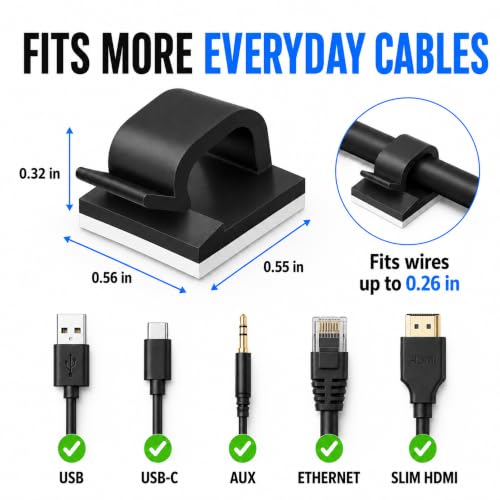 Adhesive Cable Clips - 50 Pack Wire Organizer & Cord Holder - Black