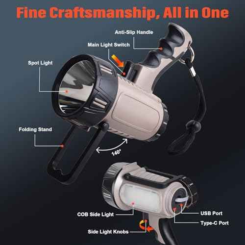 ErayLife Rechargeable Searchlight - 1800LM IP67 Waterproof/6 Modes Super Bright Handheld Spotlight Flashlight with Foldable Stand for Boating Hunting Camping Hiking