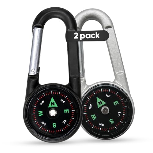 Compact Carabiner Clip Compass Keychain - 2 Pack Black & White