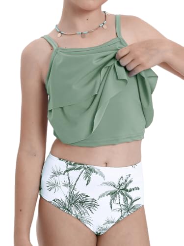 Girls Tankini Swimsuit Set - Ruffle Two Piece Swimwear Green, 12 Years