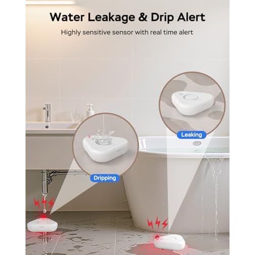 Water Detector Sensor,Water Leak Detectors for Home with App Alerts,Water Alarm Leak Detector with 120db Adjustable,500ft Transmission for Basement,Bathroom, Laundry,No Hub Required (Support 2.4G)