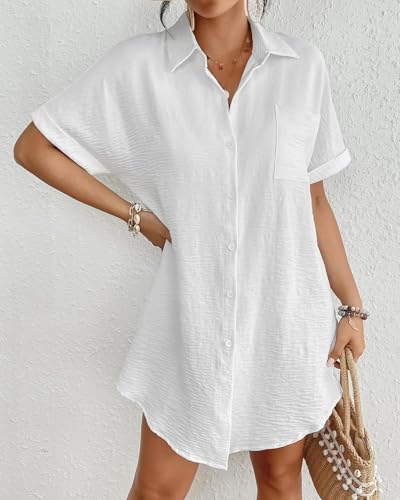 Women’s Swimsuit Cover-Up Dress - Button Down, White, Medium