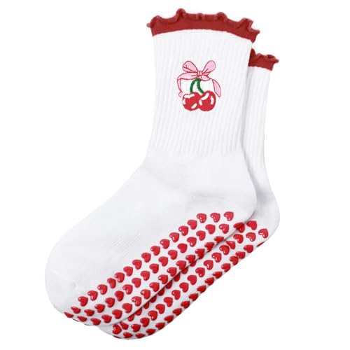 Non-Slip Pilates Socks with Ruffle - Women's Yoga Grip Socks - Red