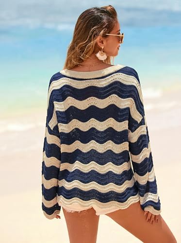 Arach&Cloz Women's Linen Blend Oversized Crochet Bell Sleeve Beach Top Navy Stripe Medium 2026