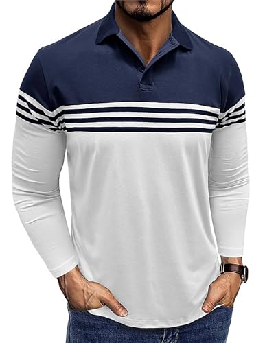 Men's Striped Color Block Long Sleeve Polo Golf Shirt
