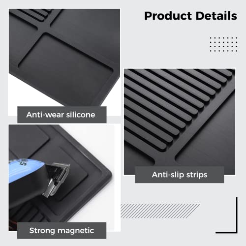 yeesport Barber Tool Organizer Mat, Flexible Silicone Barber Tool Pad, Magnetic Salon Barbershop Work Station Pad, Non-Slip Barbershop Counter Mat for Clippers Tools (Black)