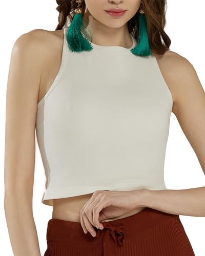 Seamless High Neck Yoga Crop Top - Off-White, Medium-Large