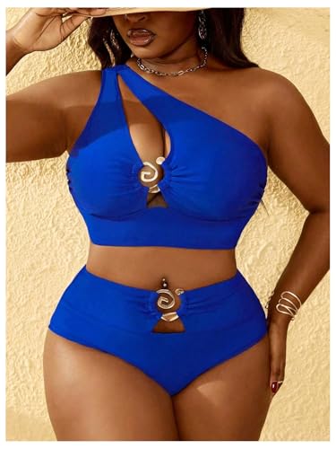 SOLY HUX Women's Plus Size One Shoulder Ring Bikini Set XL Royal Blue