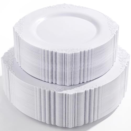 Morejoy White Plastic Plates Disposable 100pcs Set – 50 x 10.25'' Dinner + 50 x 7.5'' Dessert, White Elegent Package