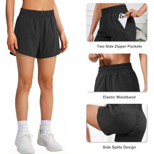 Hooxum Women's High Waist Running Shorts Large Black Quick Dry Athletic Gym Shorts with Zip Pocket