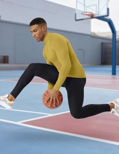 Men's Quarter Zip Workout Pullover - Dry Fit Long Sleeve Compression Tee - Turmeric, Medium