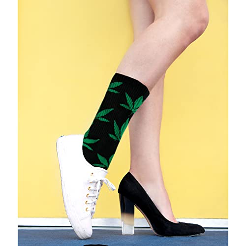 Weed Leaf Printed Cotton Tube Socks - One Size Black Green