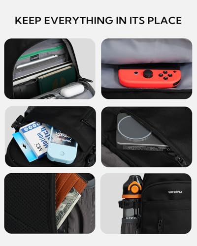 WATERFLY Black RFID Crossbody Sling Bag for Travel & Hiking - Small Daypack