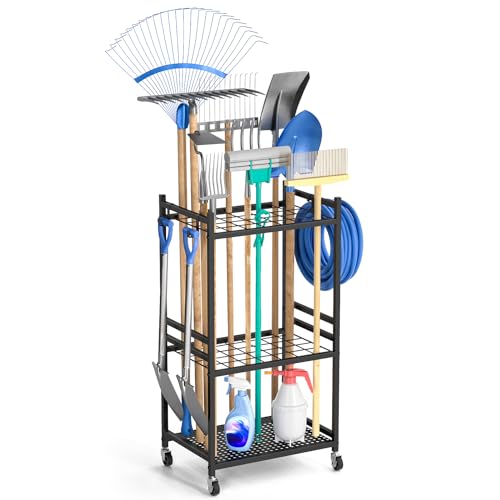 Garden Organizer With Wheels, Yard Tower Rack for Garage Storage, Up to 35 Long-Handled Tools, Sturdy Metal Steel Holder With 3 Hooks, Outdoor, Black