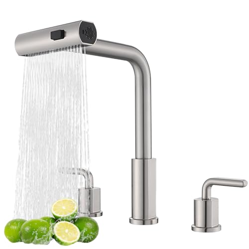 Kitchen Sink Faucet for 3 Hole with Pull Down Sprayer - 8 inch Two Handle Widespread Kitchen faucets Set with Pull Out Sprayer for Sink- Stainless Steel Brushed Nickel 3 Piece Faucet for Kitchen Sink