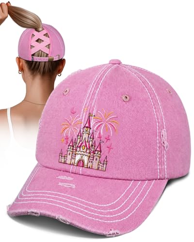 Castle Bowknot Women Ponytail Baseball Cap - Vintage Washed Distressed Trucker Hat