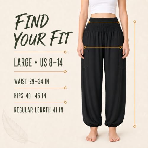 Black Medium Boho 2-Pocket Flowy Harem Yoga Pants for Women