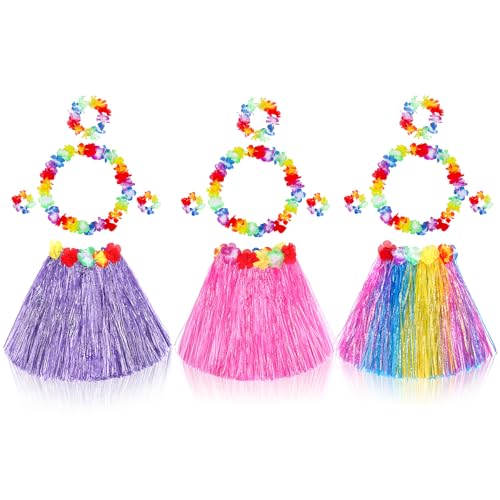 Fortuning's JDS Girl Elastic Hawaiian Hula Skirt Set with Flower - Blue/Yellow/Pink