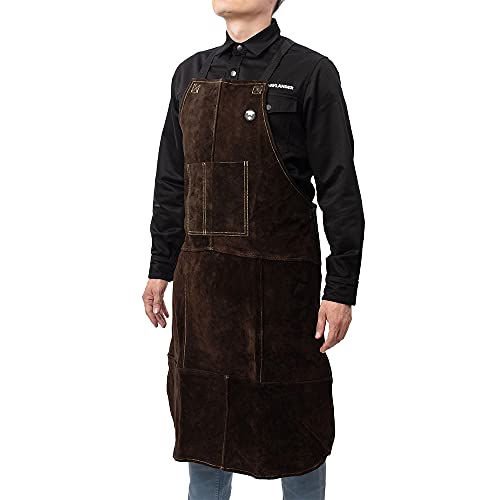 Waylander FJALAR Full Length Welding Apron ? Authentic Split Leather Cowhide and Kevlar Reinforced Stitching; Shop Apron for Welders, Blacksmiths and Machinists; Bib Tool Pockets and Cross Strap Back