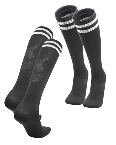 Striped Knee High Athletic Soccer Socks - Large Black