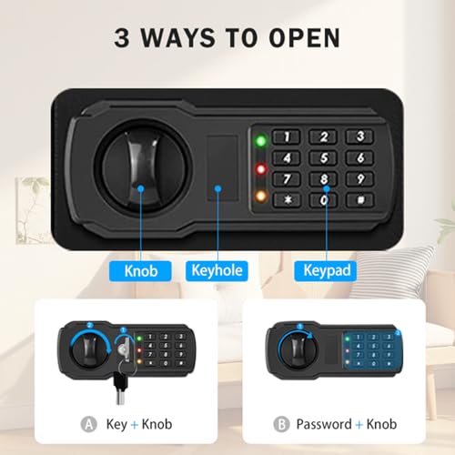 Small Mini Fire Safe Box for Home, 0.3 Cubic Feet Medication Lock Box, Security Money Safes with Digital Keypad, Spare Keys, Personal Safes for Money, Jewelry, ID Documents