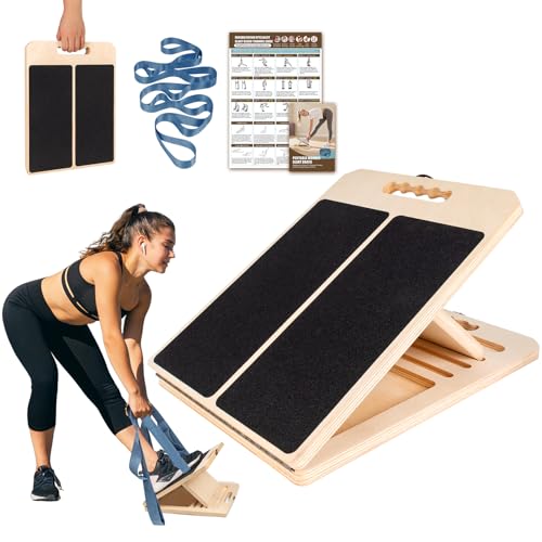 Calf Stretch Slant Board with Strap - Adjustable Wooden Incline Board - Black