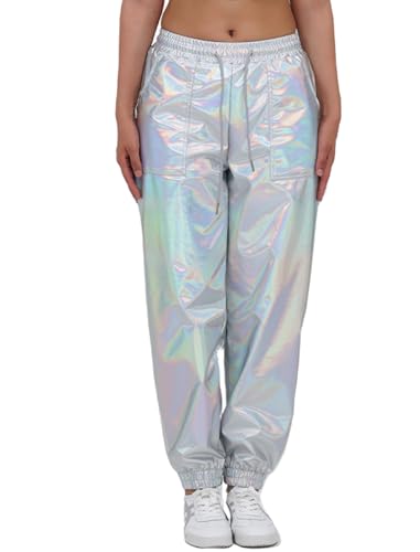ABEHIK Large Silver Women's Wide Leg Metallic Sparkle Cargo Pants High Waist Joggers